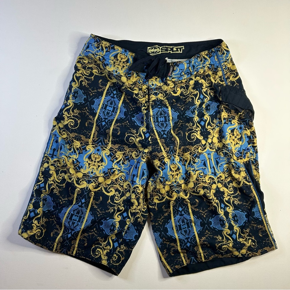 Vintage Split Board Shorts Mens 32 Multicolor Abstract AOP Surf Grunge Y2K